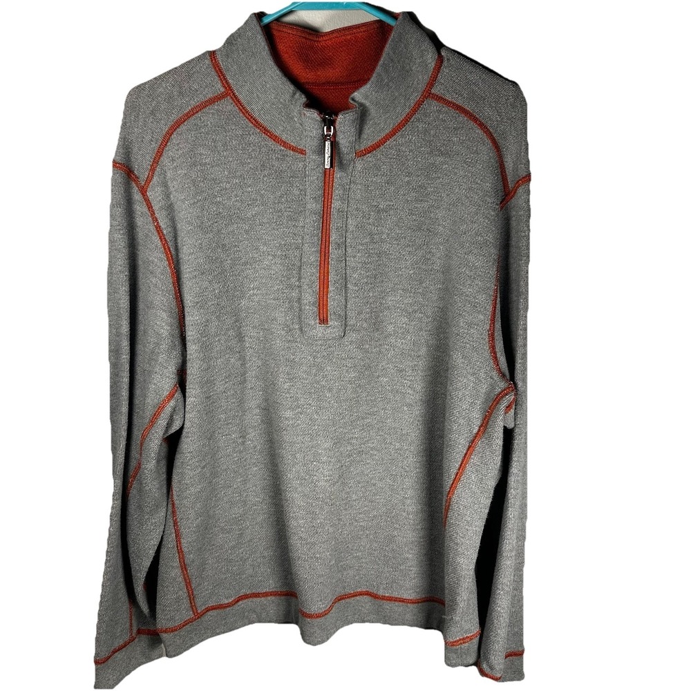 Tommy Bahama Reversible Sweater Mens XL Flip Side Quarter Zip Orange/Gray